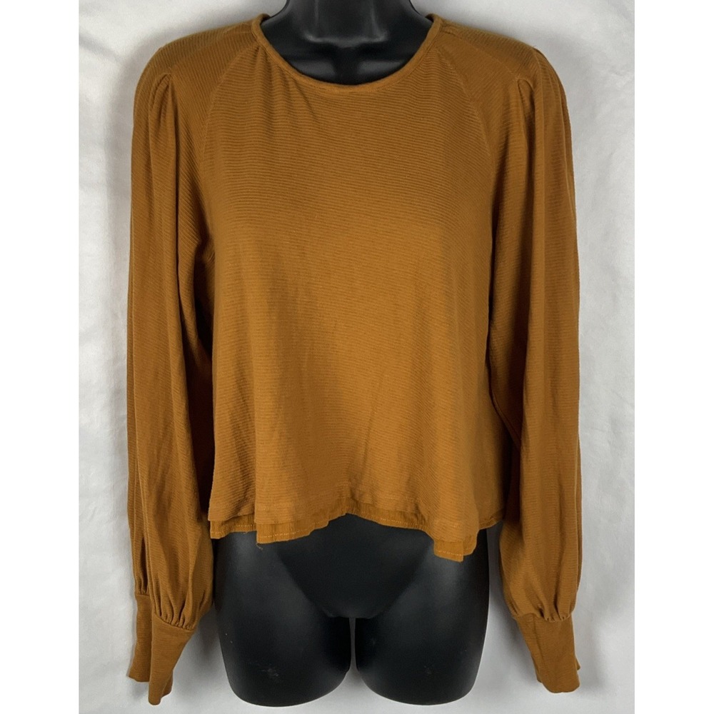 Free People Women's Small Billie Dark Gold Textured Balloon Sleeve Crop Top